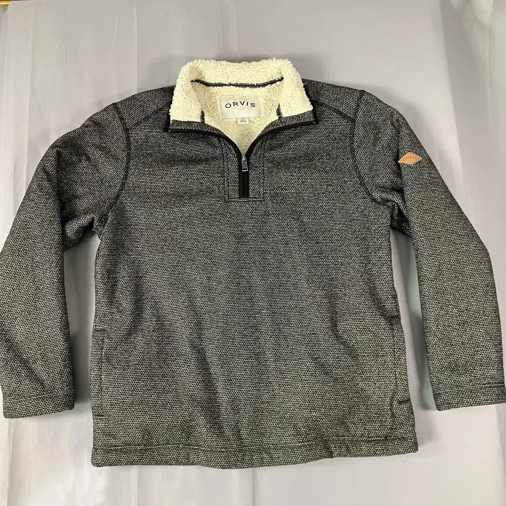 Orvis Sweater Mens Medium Gray Quarter Zip‎ Sherpa Lined Fleece Pockets Knit